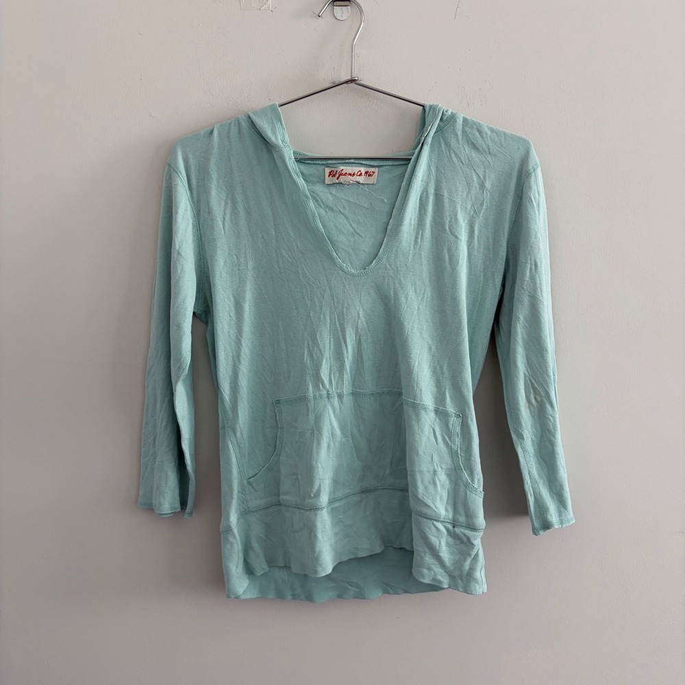 Polo Jeans Co 1967 Women Aqua Blue V-Neck Hoodie 3/4 Sleeve Kangaroo Pocket